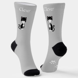 かわいいユーモアのあるタキシード猫 & 足跡がライトグレーに ソックス