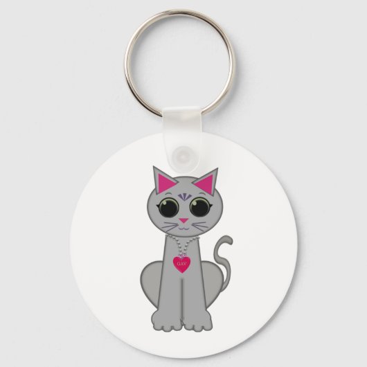 かわいいユーモアのある幸せな灰色の猫 キーホルダー (正面)