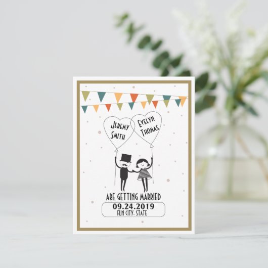 かわいいユーモアのウェディング用Save the Dateカード 招待状 (スタンド正面)