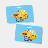かわいいユーモア黄色ブルドーザーアニメキャラクター バッジ (正面＆裏面)