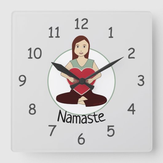 かわいいヨガガガールホールド赤いハートナマステ スクエア壁時計 (正面)