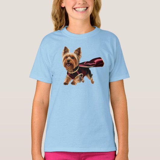 かわいいヨーキーのスーパーヒーロー キッズTシャツ Tシャツ (正面)