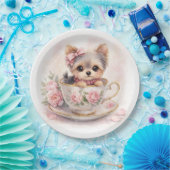 かわいいヨーキーのティーカップの誕生日の紙皿 ペーパープレート (パーティー)