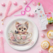 かわいいヨーキーのティーカップの誕生日の紙皿 ペーパープレート (パーティー)