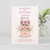 かわいいヨーキーのテディカップ 女の子の誕生日招待状 招待状 (スタンド正面)