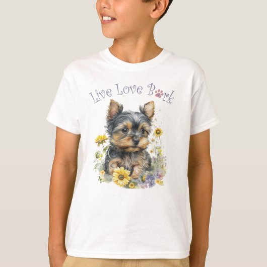 かわいいヨーキーの花柄 Tシャツ (正面)