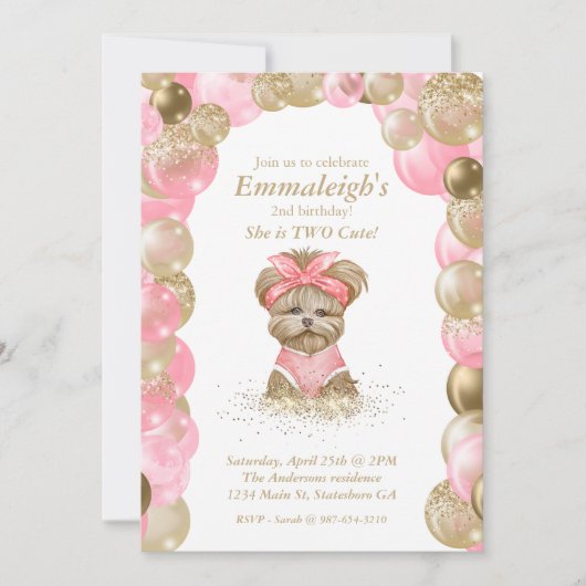 かわいいヨーキーの2歳の誕生日パーティー 招待状 (正面)