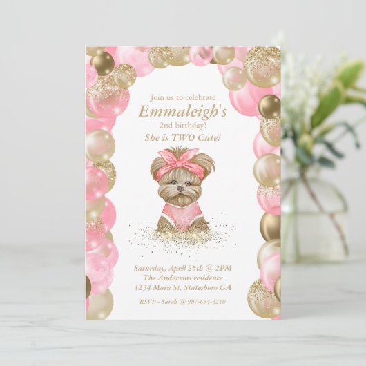 かわいいヨーキーの2歳の誕生日パーティー 招待状 (スタンド正面)