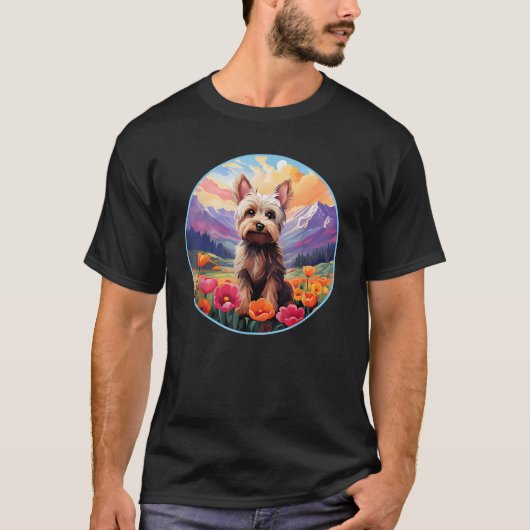 かわいいヨーキーヨークシャテリアの花の山の日 Tシャツ (正面)