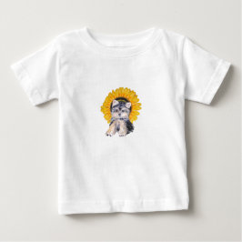 かわいいヨークシャテリアの子犬とひまわりのアート ベビーTシャツ
