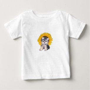 かわいいヨークシャテリアの子犬とひまわりのアート ベビーTシャツ