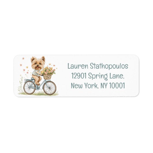 かわいいヨークシャテリアの犬の自転車と春の花 ラベル (正面)