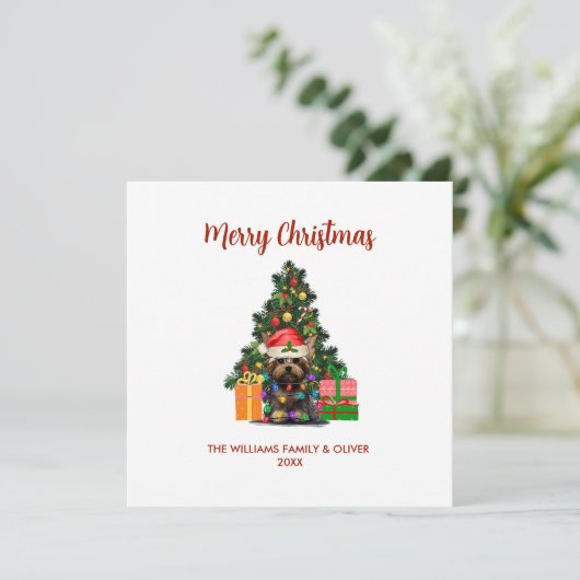 かわいいヨークシャーテリアと木のクリスマス シーズンカード (スタンド正面)