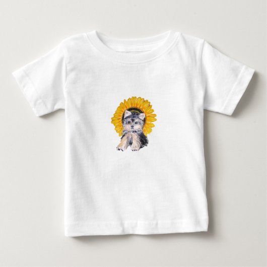かわいいヨークシャーテリアの子犬とひまわりのアート ベビーTシャツ (正面)