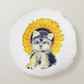 かわいいヨークシャーテリアの子犬とひまわり 白背景 ラウンドクッション (裏面)
