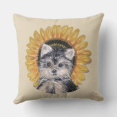 かわいいヨークシャーテリアの犬とひまわりがベージュの背景 クッション (裏面)