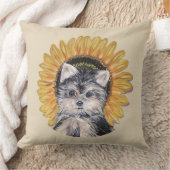 かわいいヨークシャーテリアの犬とひまわりがベージュの背景 クッション (ブランケット)