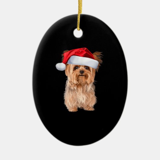 かわいいヨークシャーテリアサンタパピークリスマス セラミックオーナメント (正面)