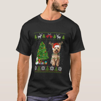かわいいヨークシャーテリアドッグサンタハット醜いセーター Tシャツ