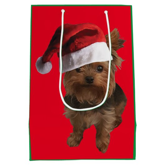 かわいいヨークシャーテリアパピーがサンタクロースの帽子を被る ミディアムペーパーバッグ (裏面)