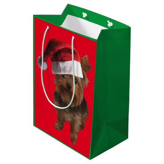 かわいいヨークシャーテリアパピーがサンタクロースの帽子を被る ミディアムペーパーバッグ (裏面アングル)
