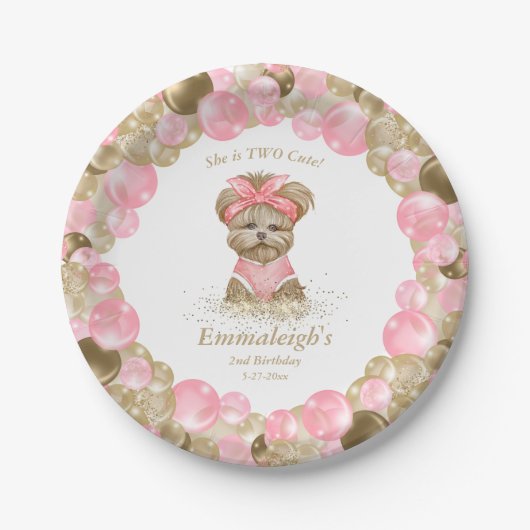 かわいいヨークシャーテリア2かわいいバルーン誕生日パーティー ペーパープレート (正面)