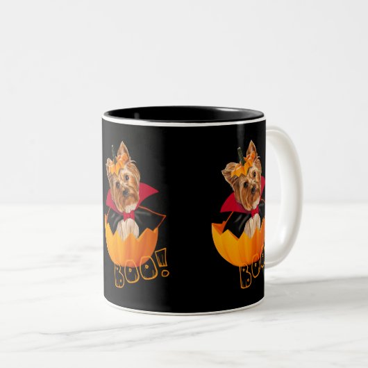 かわいいヨークシャー犬ハロウィーンカボチャ ツートーンマグカップ (正面右)