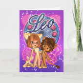 かわいいライオンおよび猫の女の子が付いているレオの(占星術の)十二宮図カード カード (正面)