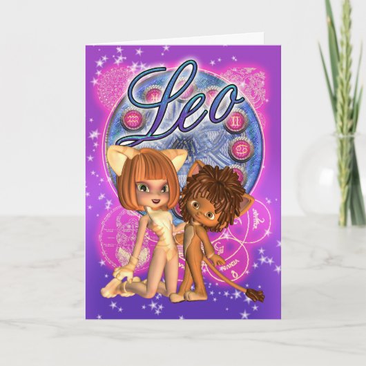 かわいいライオンおよび猫の女の子が付いているレオの(占星術の)十二宮図カード カード (正面)