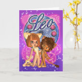 かわいいライオンおよび猫の女の子が付いているレオの(占星術の)十二宮図カード カード (黄色い花)