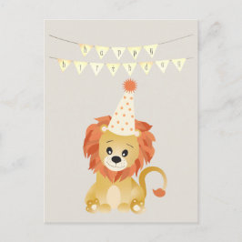 かわいいライオンがパーティー帽をかぶった誕生日バナー 吼えろ ポストカード