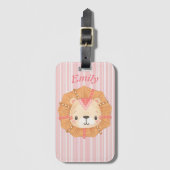 かわいいライオンと桃色のキャンディのモノグラムストライプの ラゲッジタグ (正面縦)