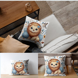 かわいいライオンと青い花のプレゼント クッション