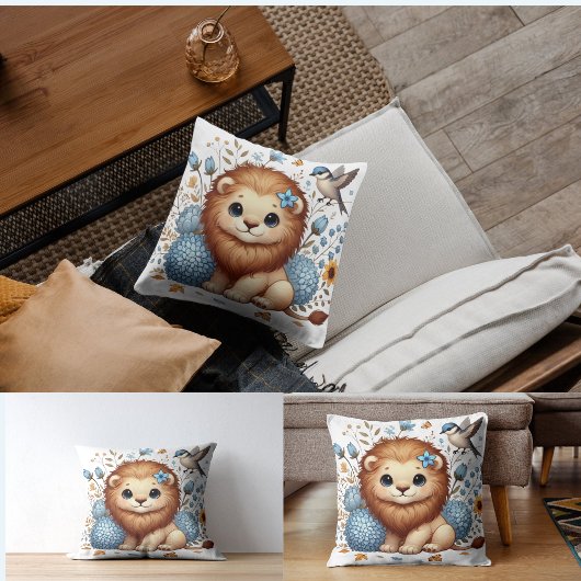 かわいいライオンと青い花のプレゼント クッション