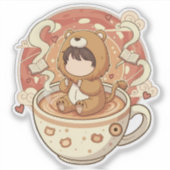 かわいいライオンの少年がコーヒーを飲む シール (正面)