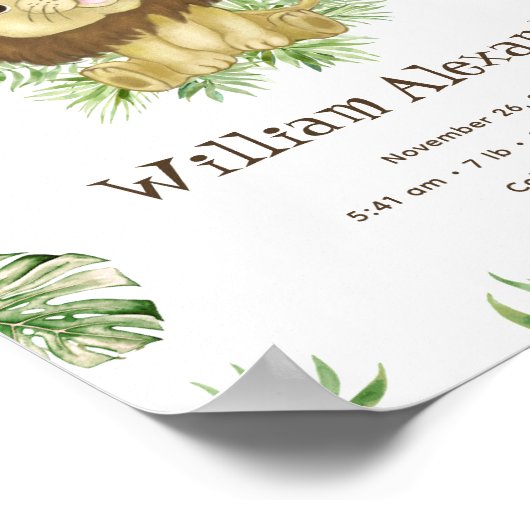 かわいいライオンの水の色の誕生統計ジャングル緑 ポスター (角)