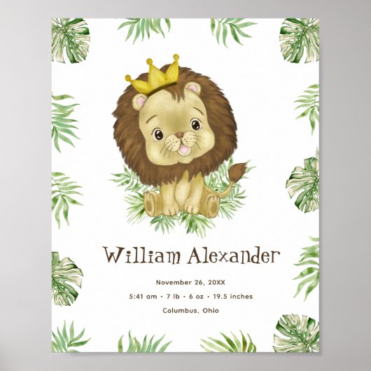 かわいいライオンの水の色の誕生統計ジャングル緑 ポスター (正面)