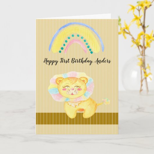 かわいいライオンの男の子と女の子のための最初の誕生日 カード (黄色い花)