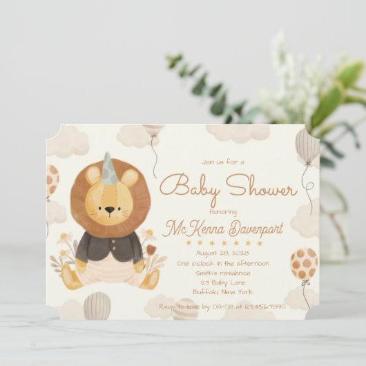 かわいいライオンの男の子の赤ちゃんシャワー 招待状 (スタンド正面)