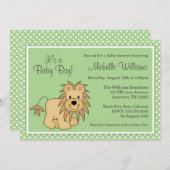 かわいいライオンの緑の水玉模様のベビーシャワー 招待状 (正面/裏面)