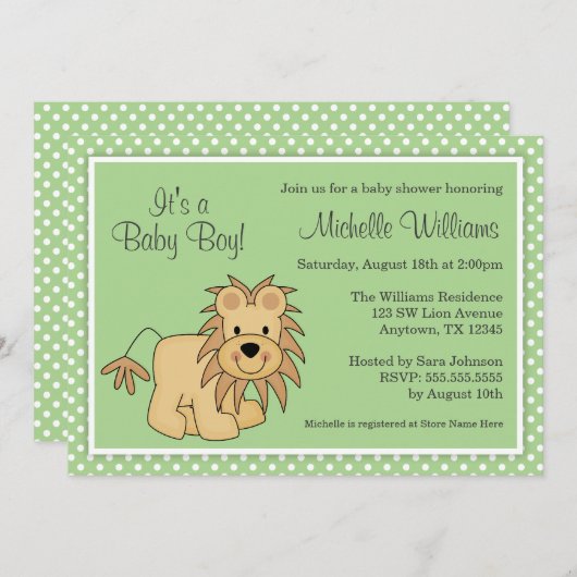 かわいいライオンの緑の水玉模様のベビーシャワー 招待状 (正面/裏面)