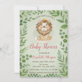 かわいいライオンの葉っぱ、青い水玉のベビーシャワー 招待状 (正面)