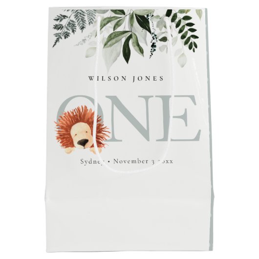 かわいいライオンの葉11回目の誕生日パーティー ミディアムペーパーバッグ (裏面)