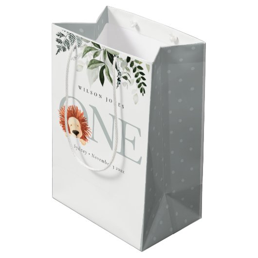 かわいいライオンの葉11回目の誕生日パーティー ミディアムペーパーバッグ (裏面アングル)