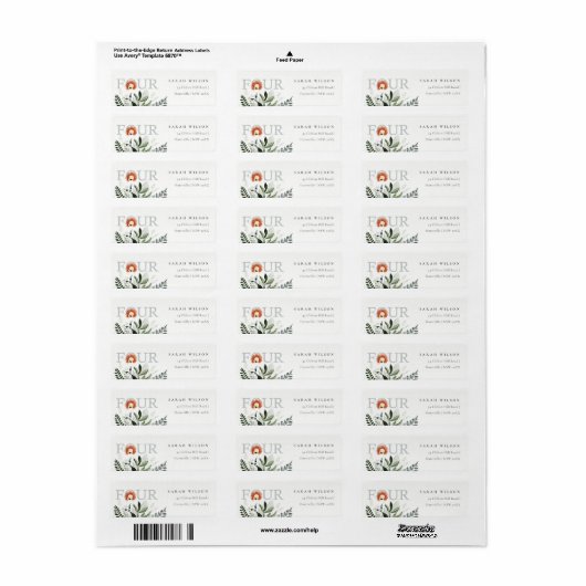 かわいいライオンの葉4歳の誕生日の住所 ラベル (フルシート)