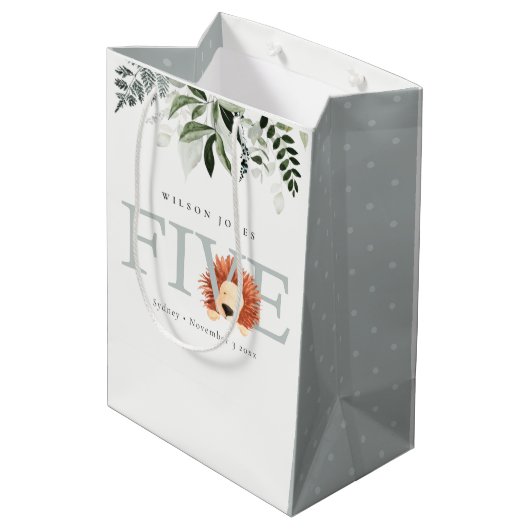 かわいいライオンの葉50歳の誕生日パーティー ミディアムペーパーバッグ (裏面アングル)