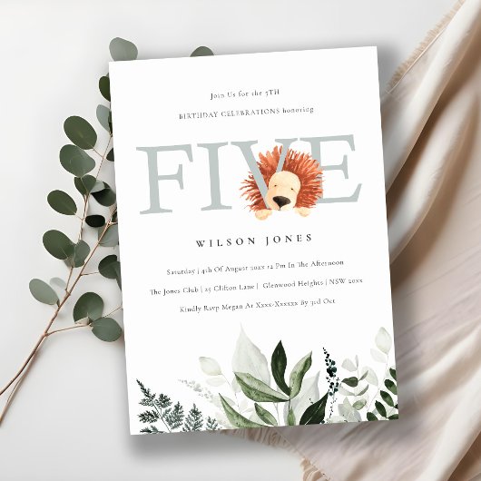 かわいいライオンの葉5th誕生日パーティー招待状 サンキューカード