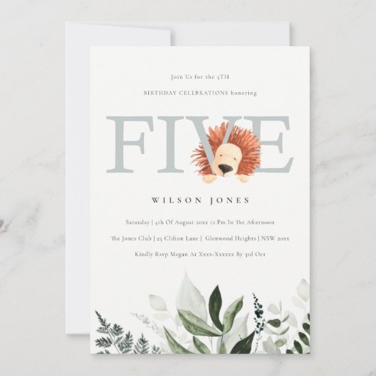 かわいいライオンの葉5th誕生日パーティー招待状 サンキューカード (正面)