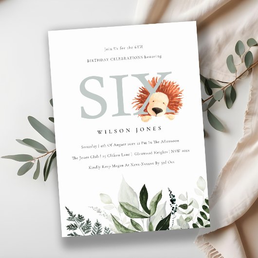 かわいいライオンの葉6th誕生日パーティー招待状 サンキューカード