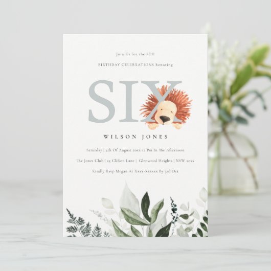 かわいいライオンの葉6th誕生日パーティー招待状 サンキューカード (スタンド正面)